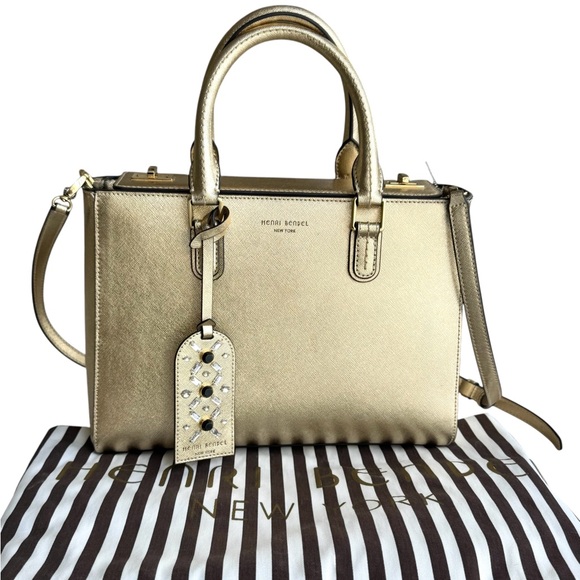 NEW Henri Bendel Metallic Gold Shoulder Bag Structured Saffiano Leather Satchel - Picture 1 of 17